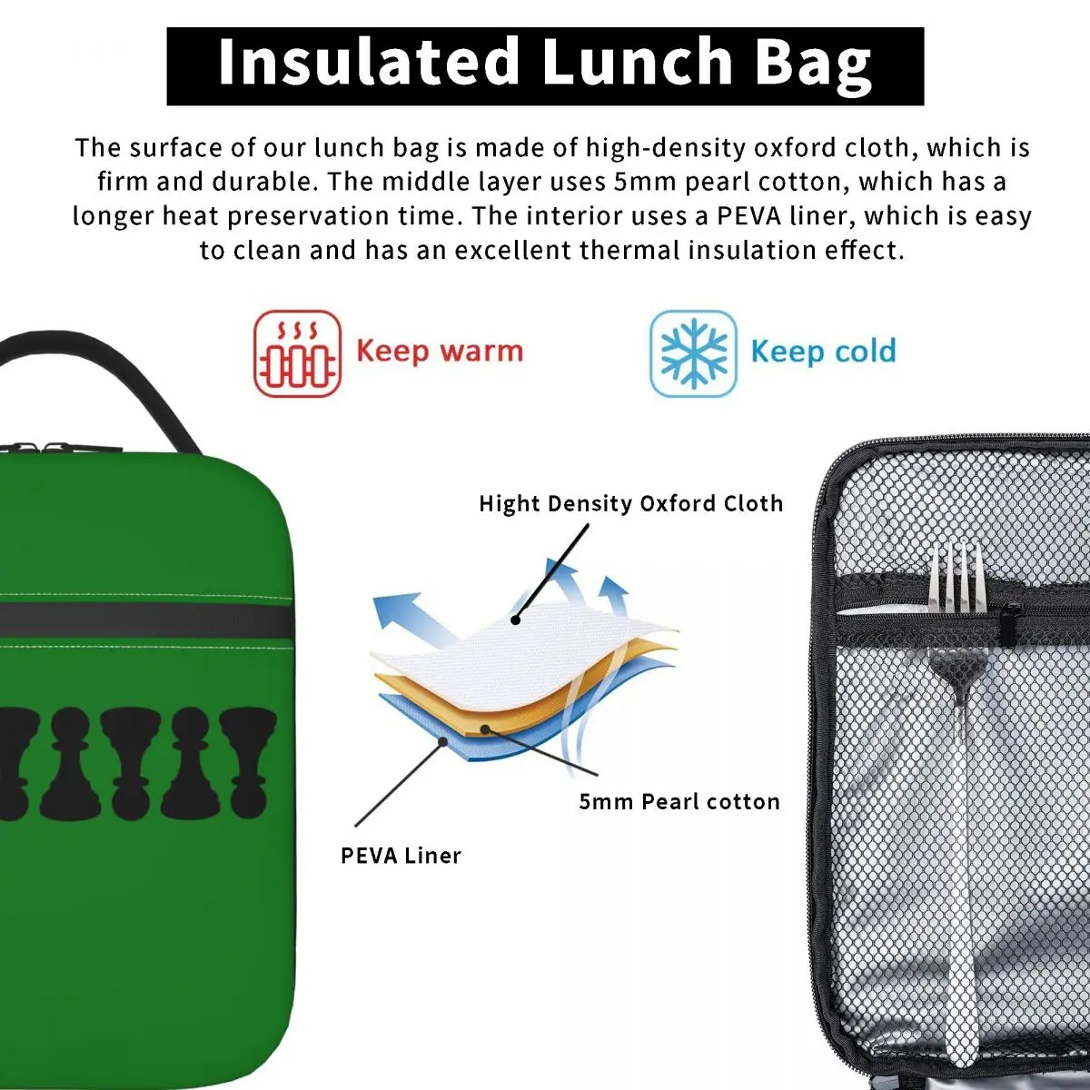 Chess Pieces On Board Chessboard Insulated Lunch Bag for Women Kids Portable Food Boxes Thermal Lunch Box Tote