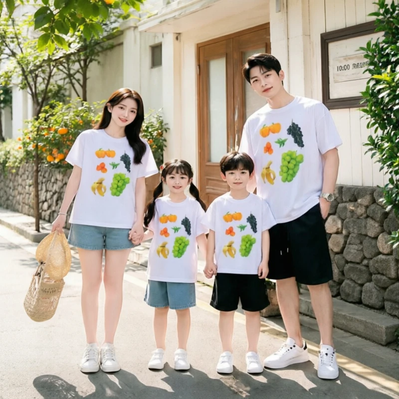 2026 Summer Family Matching T-Shirts Fruit Print Mommy and Me Tees Dad & Kid Casual Tops for Vacation Photoshoot Rompers