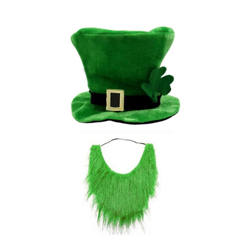 St Patricks Day Hat, Soft Velvet Hat Shamrock Top Hat with Beard Party Photo Booth Props