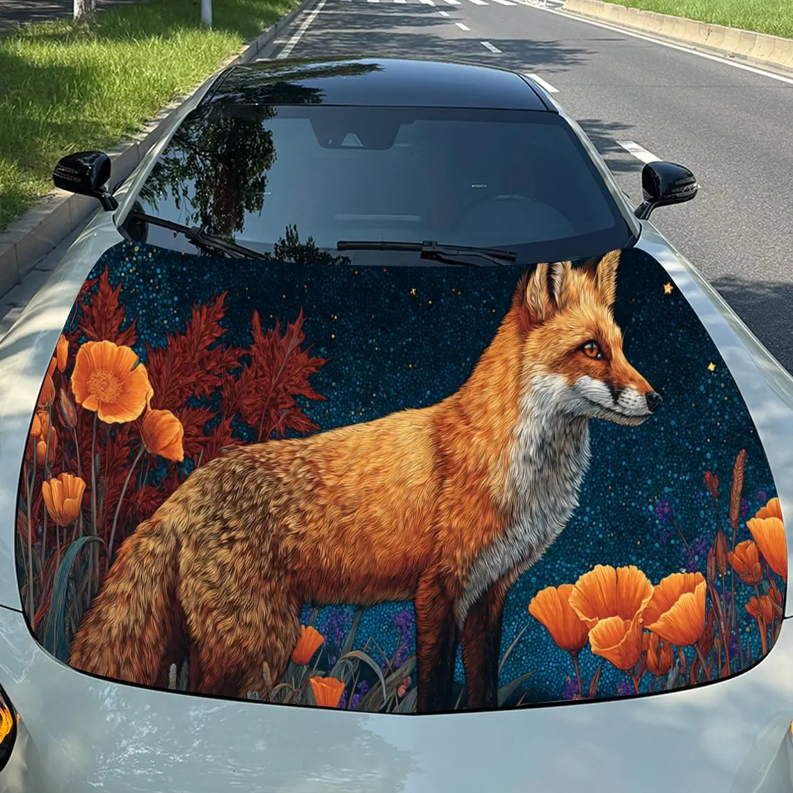 Cute Fox Surrounded by Flowers PVC Car Engine Hood Vinyl Wraps, Self-Adhesive Waterproof Car Hood Decal Sticker, Car Decoration
