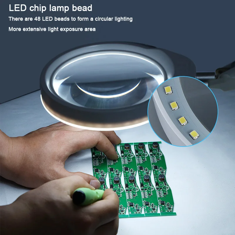 Flexible Clamp-on Table Lamp with 10x 20x Magnifier Glass Swing Arm Dimmable Illuminated Magnifier HD 48 LED lamps Maintenance