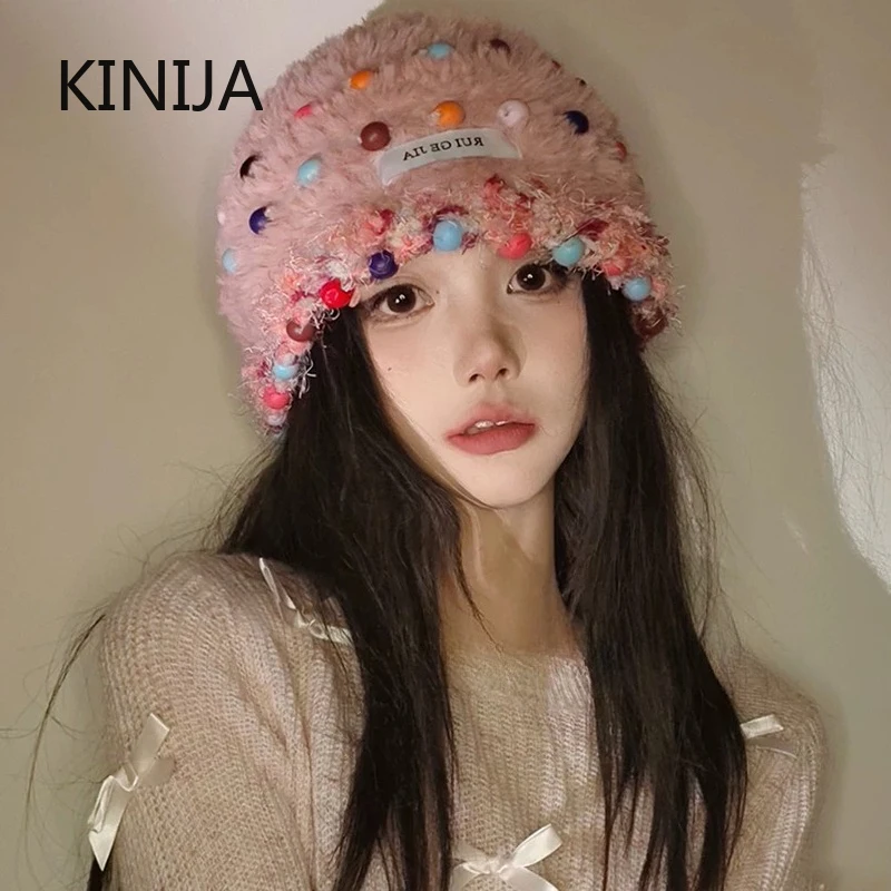 المرأة الملونة غطاء للأذنين قبعة صغيرة شتاء دافئ رقيق أفخم Skullies قبعة الكورية الباردة واقية محبوك تزلج الثلوج بونيه Plu قبعة