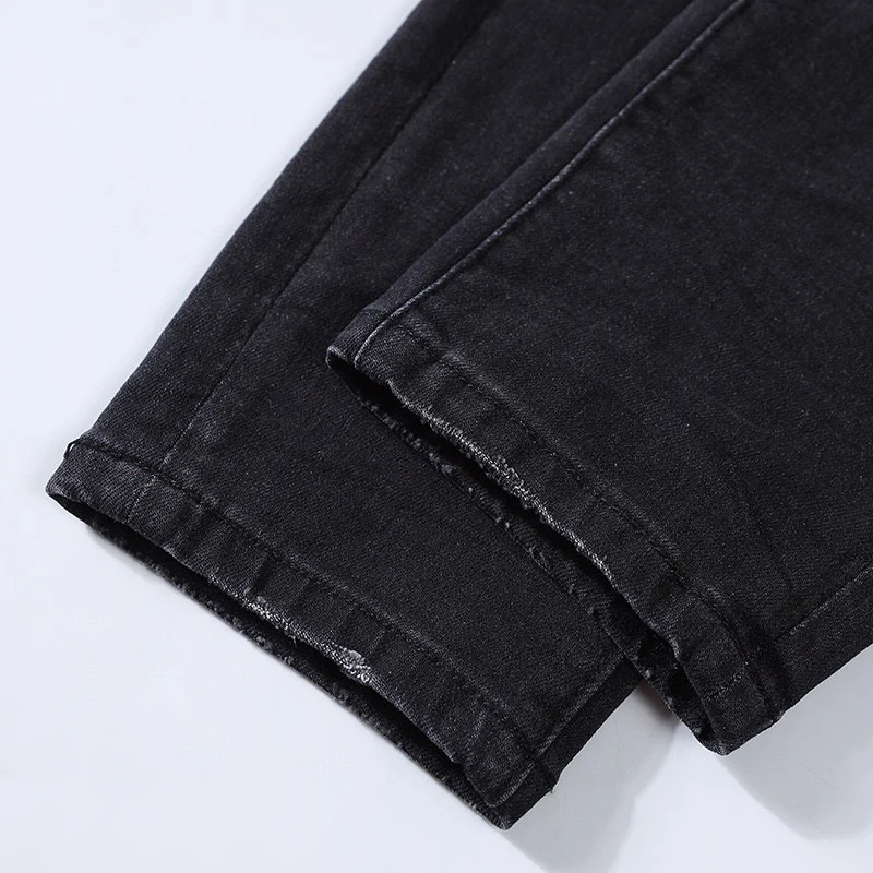 Fashion new Jeansy2k wrinkle resistant washed nostalgic stretch slim fit black perforated patch jeans high street hip-hop brand