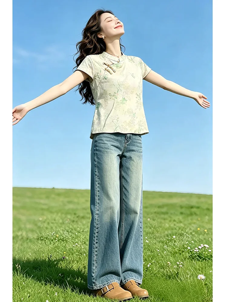 

New Chinese Style Floral Print Short Sleeve Shirt Women's Stand Collar Button up Top Vintage Retro Summer Fashionable Youthful