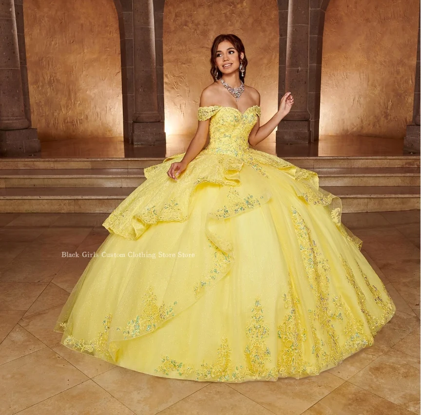 Tender Yellow Princess Quinceanera Dresses Exquisite One Shoulder Diamond Applique Tulle messico 16 corsetto muslimex squars