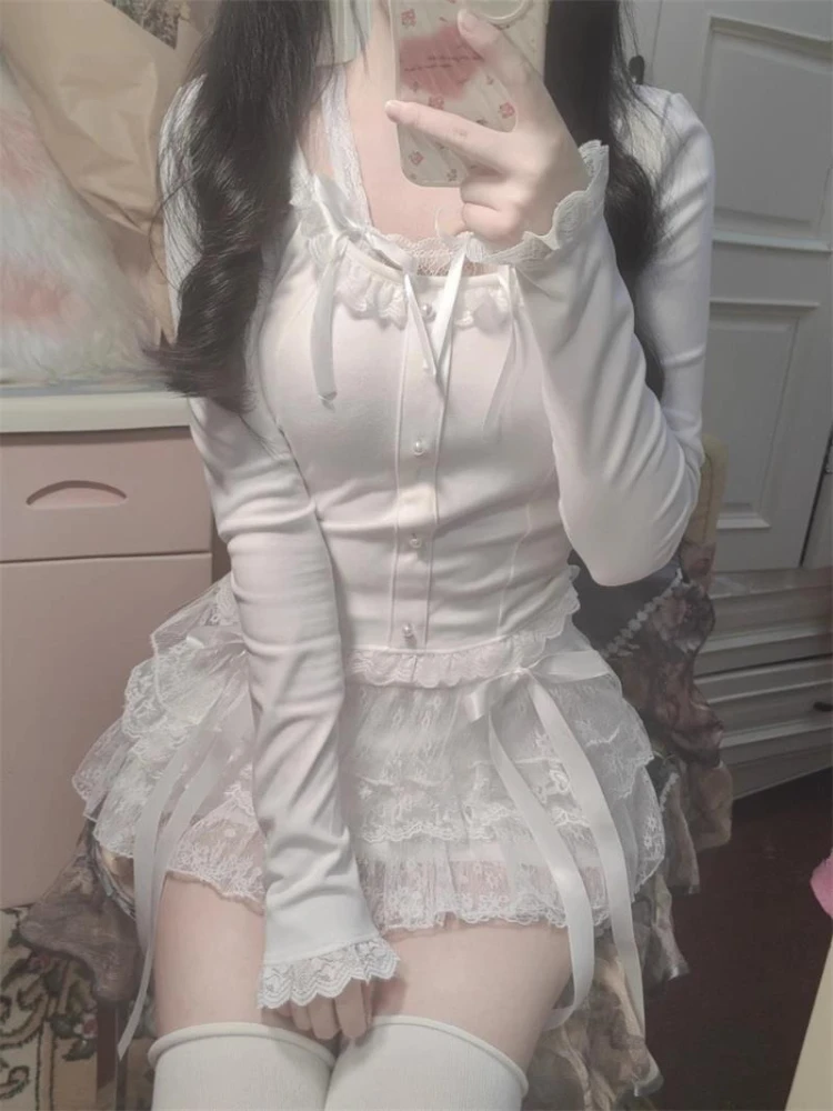 Deeptown Sweet Kawaii Skirts Women Lolita Coquette Lace Bow Patchwork Mini Skirt White High Waist Cute Summer A-line Short Skirt