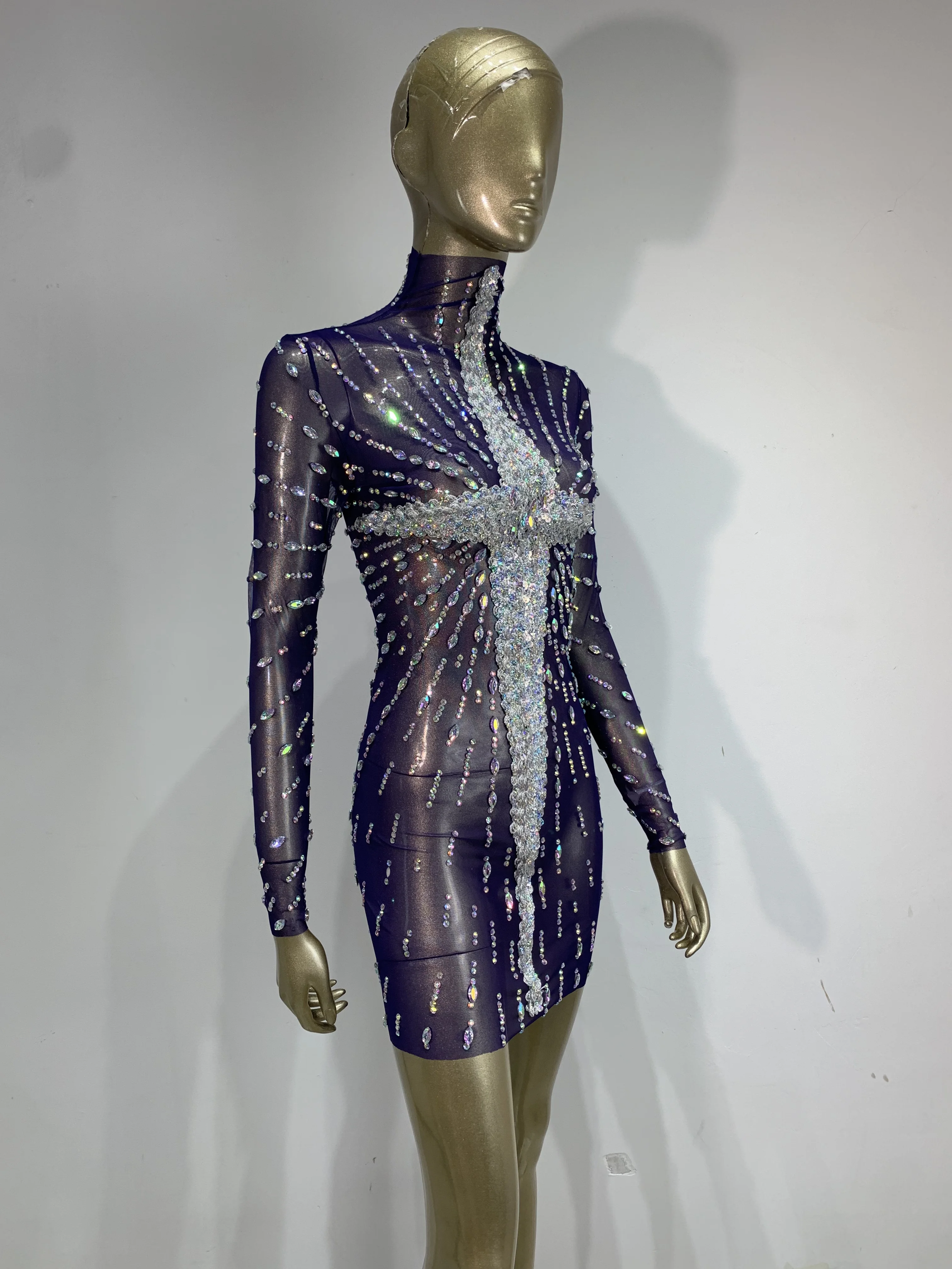 

Sparkly Rhinestone Mesh See Through Mini Dress Women Celebrate Birthday Evening Party Sexy Stage Performance Nightclub Outfit