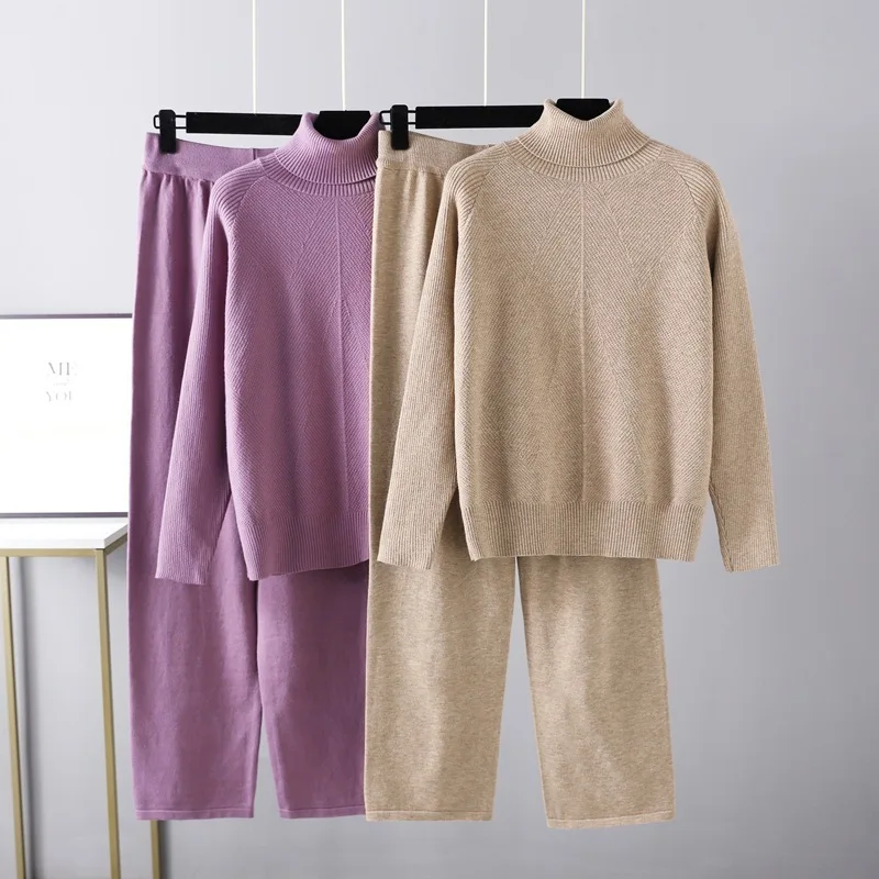 [EWQ] Beautiful Lady's Clothes Turtleneck Long Sleeve Loose Sweater Tops Pants Thick To Keep Warm 2 Piece Set 2024 Autumn GZ174