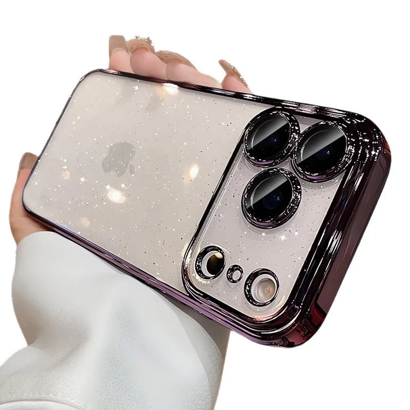 Funda chapada en PC transparente con purpurina de lujo para iPhone 17 16 15 14 Pro Max Plus 13 11 12 cubierta ultrafina transparente a prueba de golpes