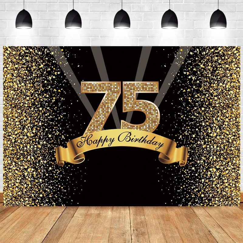 

Black Gold 75th Backdrop Women Men Happy Birthday Party 75 Years Old Photography Background Photo Backdrop Decoration Banner