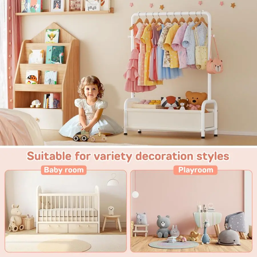 Kids Clothing Rack with Storage Shelf, Kids Dress Up Rack Storage for Coats, Small Baby Garment Rack for Hanging Clothes, Toddl