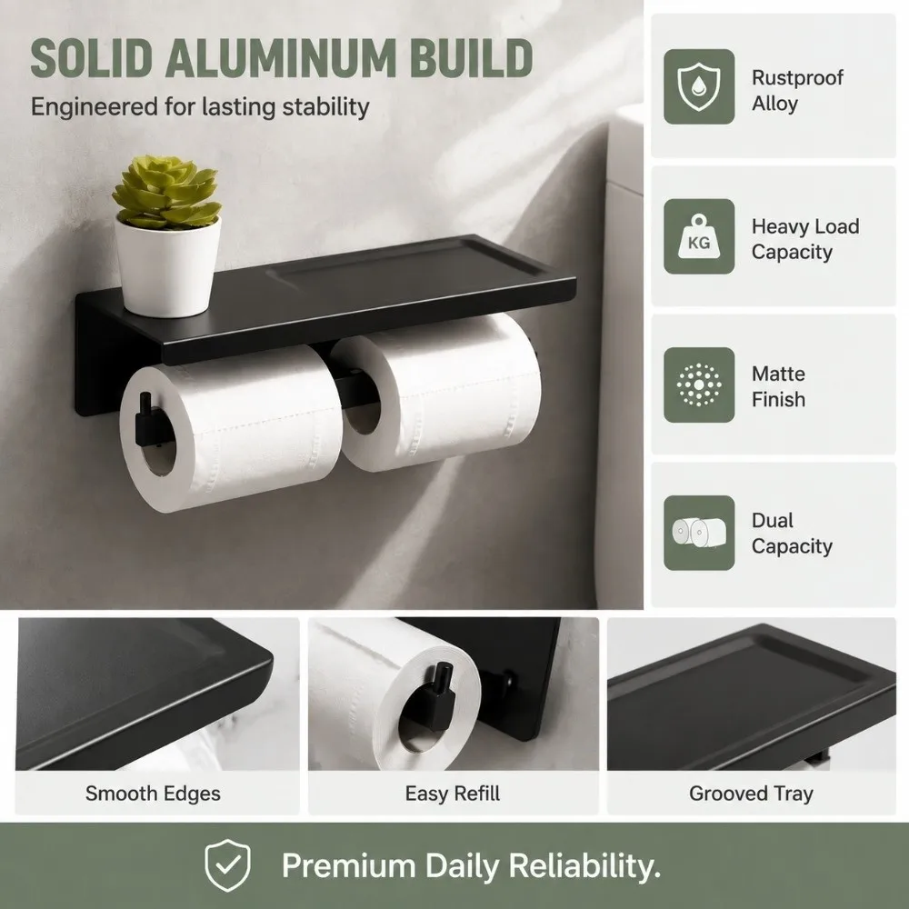 Aluminum alloy Toilet Paper Holder Black Waterproof Design Bathroom Tissue Holder with Storage Shelf Wall Mounted