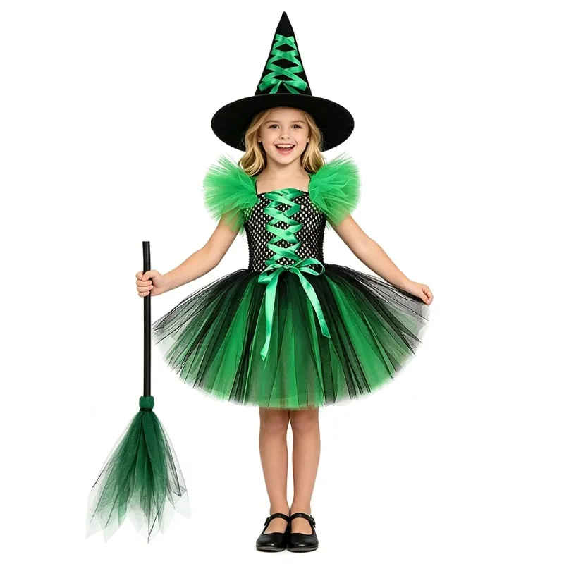 

Girl's Witch Themed Dress Set, Green and Black Fluffy Tulle Tutu Skirt, Performance Clothes for Children's Day and Halloween