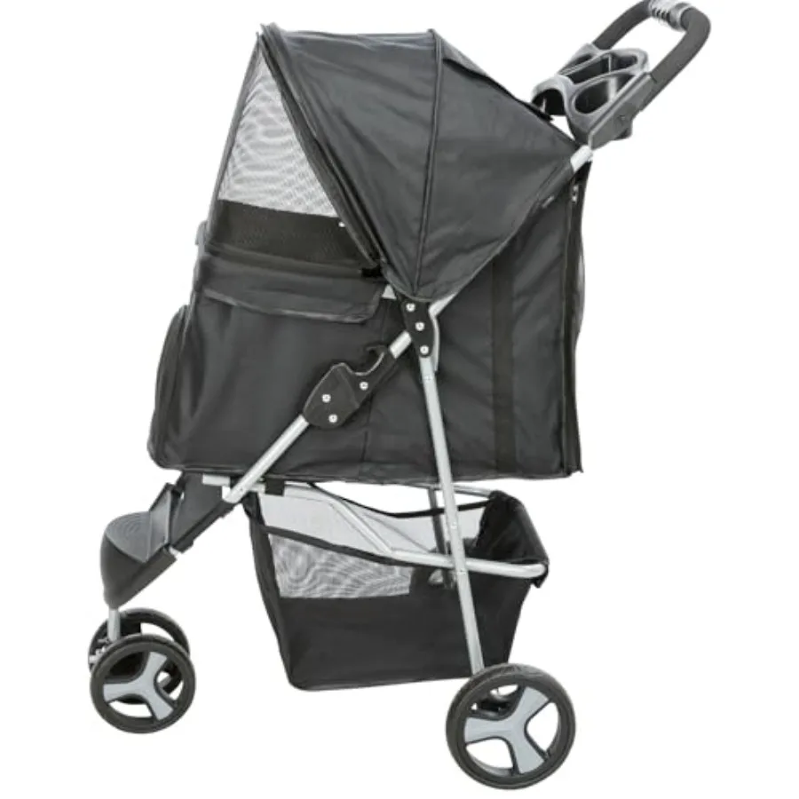 

Foldable Pet Stroller for Cats and Dogs: Black Polyester with Weather Cover, Storage Basket, Cup Holder Lightweight Compact