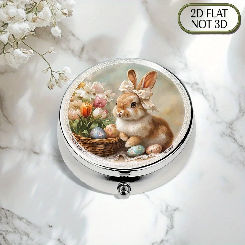 1pc flat portable round metal pill box, featuring a cute rabbit with flowers and eggs, perfect for organizing daily medication and vitamins. This multifunctional pill box is ideal for storing medication, vitamins, and organizing small items