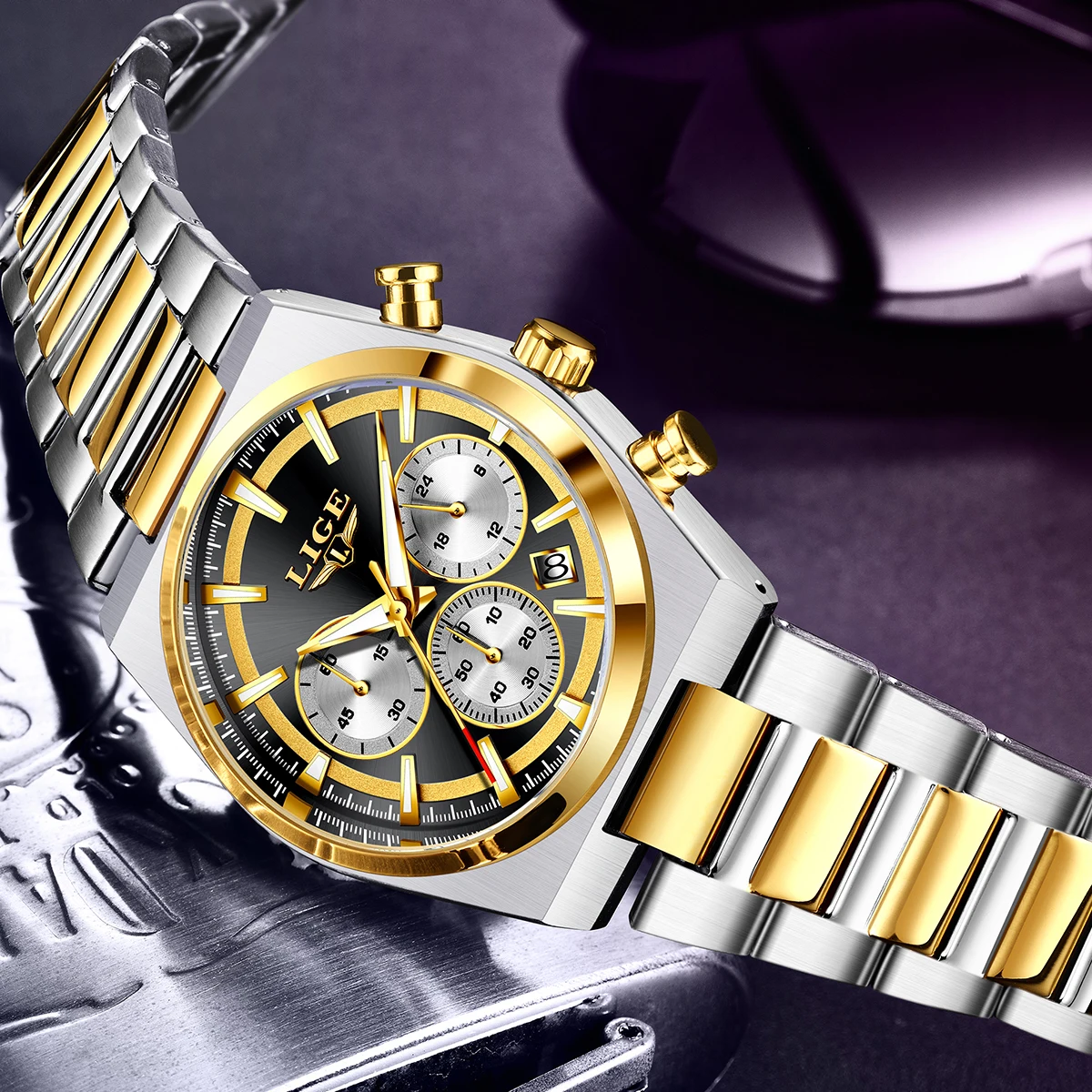LIGE ファッション高級クォーツマンウォッチビジネス紳士ステンレス鋼バンド自動日付生活防水発光腕時計男性 + ボックス