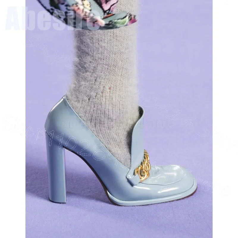 

Gold Chain Sky Blue Round Toe Runway Pumps Slip On Women Shoes Chunky High Heels Party Banquet Dating 2025 Zapatos Para Mujere