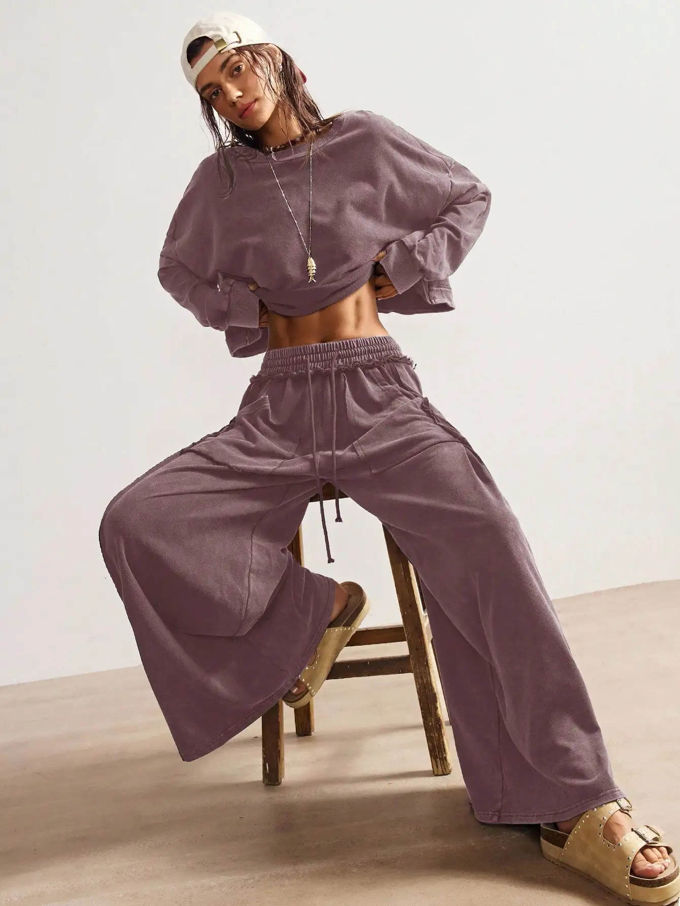 

Women Casual Solid Color Knit Long Sleeve Loose Sweatshirt High Waist Wide Leg Pants Set