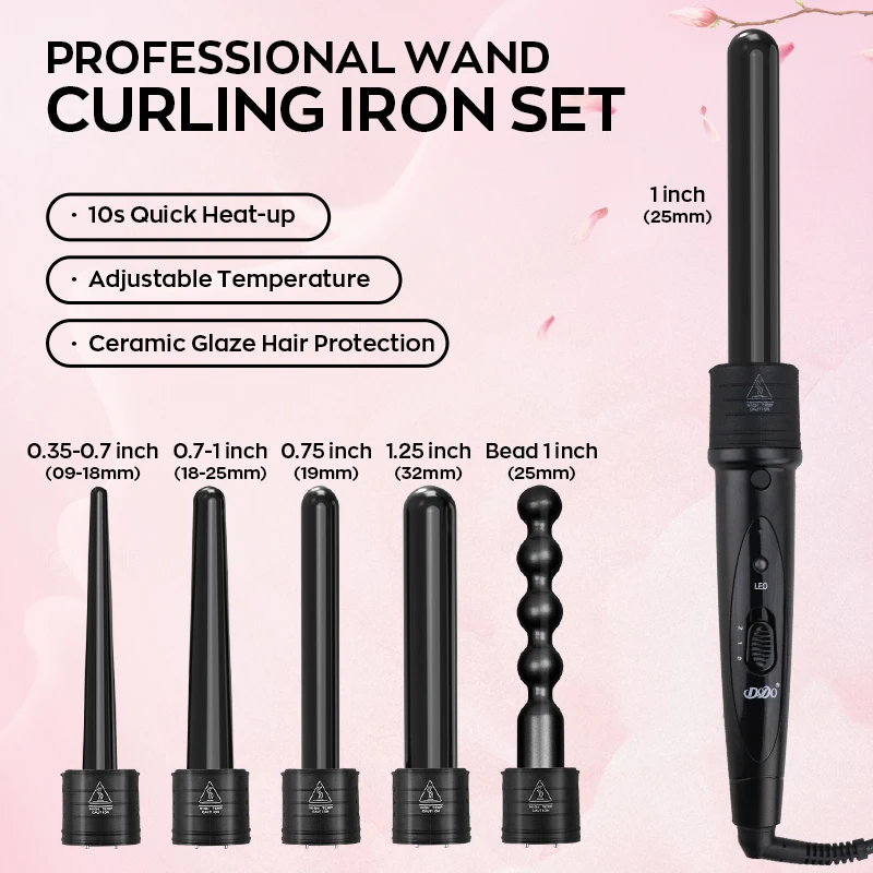 

Professional Curling Wand Set with Interchangeable Barrels, Adjustable Temperature PTC Heater Hair Curler for Salon Home Travel