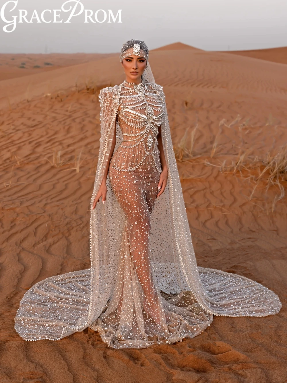 

New Arrival Silver Crystal Pearl Long Evening Dress With Cape Luxury Illusion Mermaid Wedding Party Gown Customized Prom Dresses