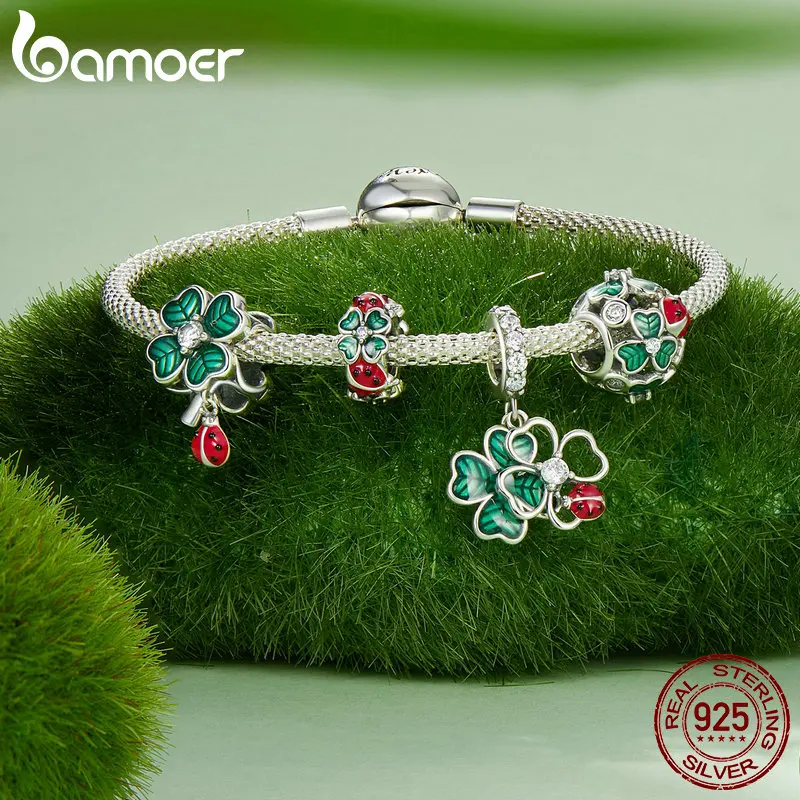 Bamoer 100% 925 Sterling Silver Four-Leaf Clover Pendant Charm Luck For Women Fit Bracelet DIY Fine Jewelry Birthday Party Gift