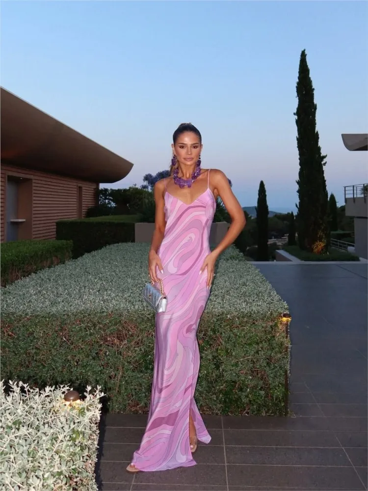 Vintage Print Spaghetti Strap Split Dresses Casual V Neck Backless Slit Long Dresses Spring Summer Sleeveless Hollow Women Dress