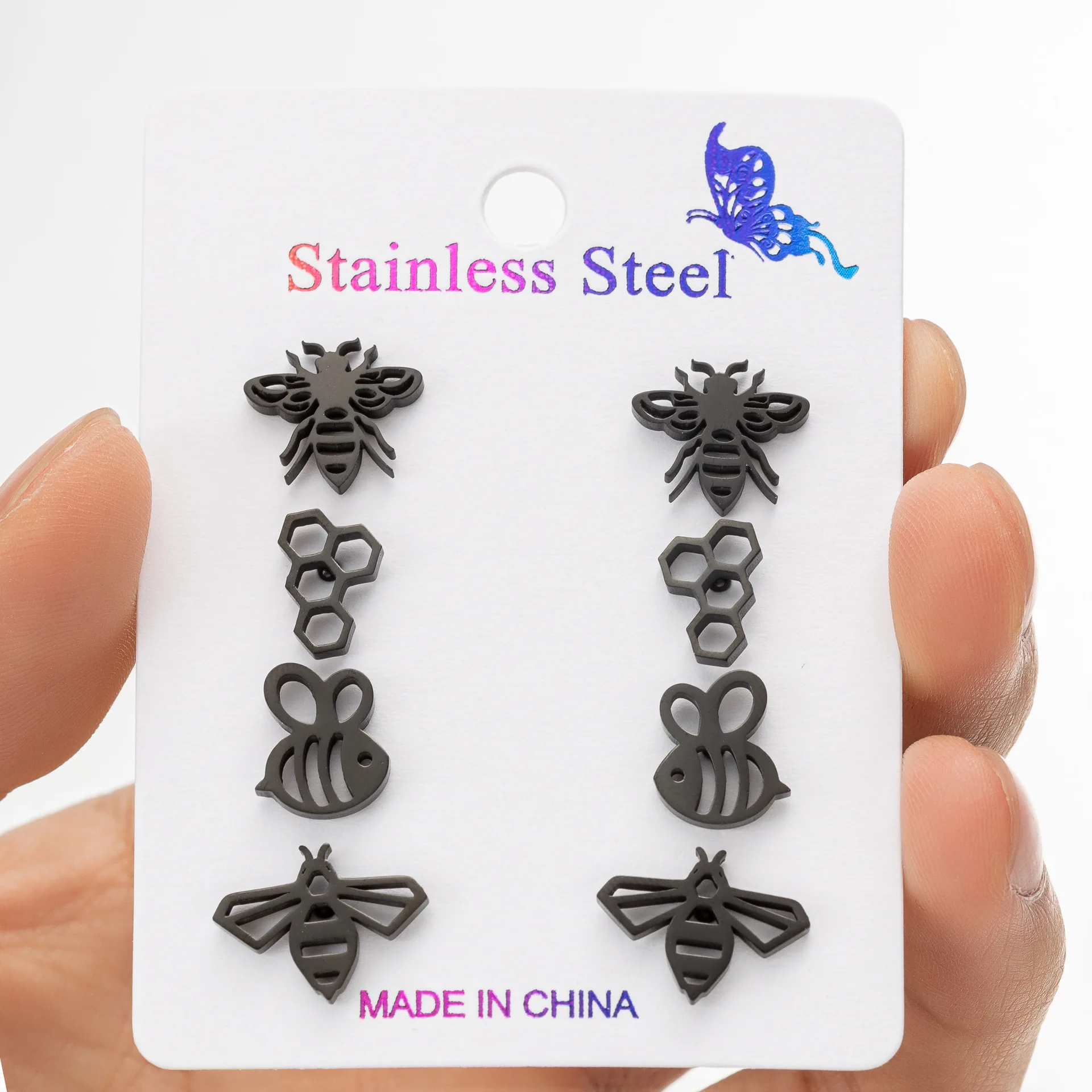 European and American personalized bee animal stud earrings ins cute little animal stainless steel hollow honeycomb combination