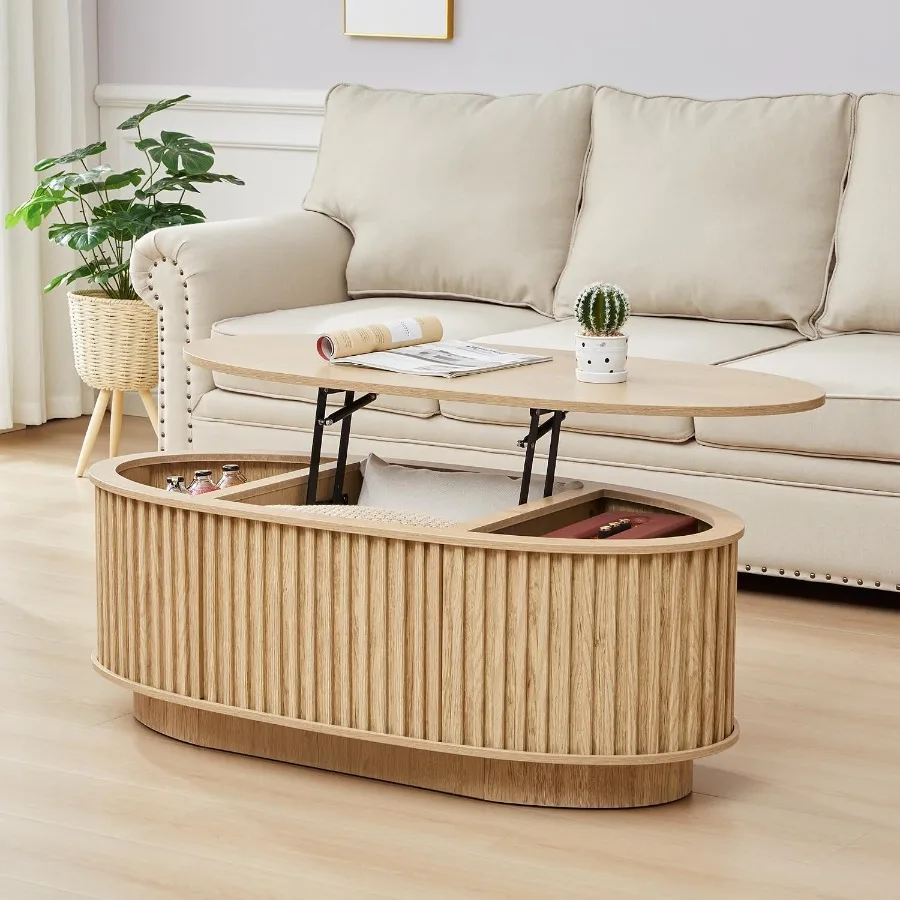 Oval Coffee Table for Living Room, Wood and Metal, Brown, Fluted Lift Top with Hidden Storage