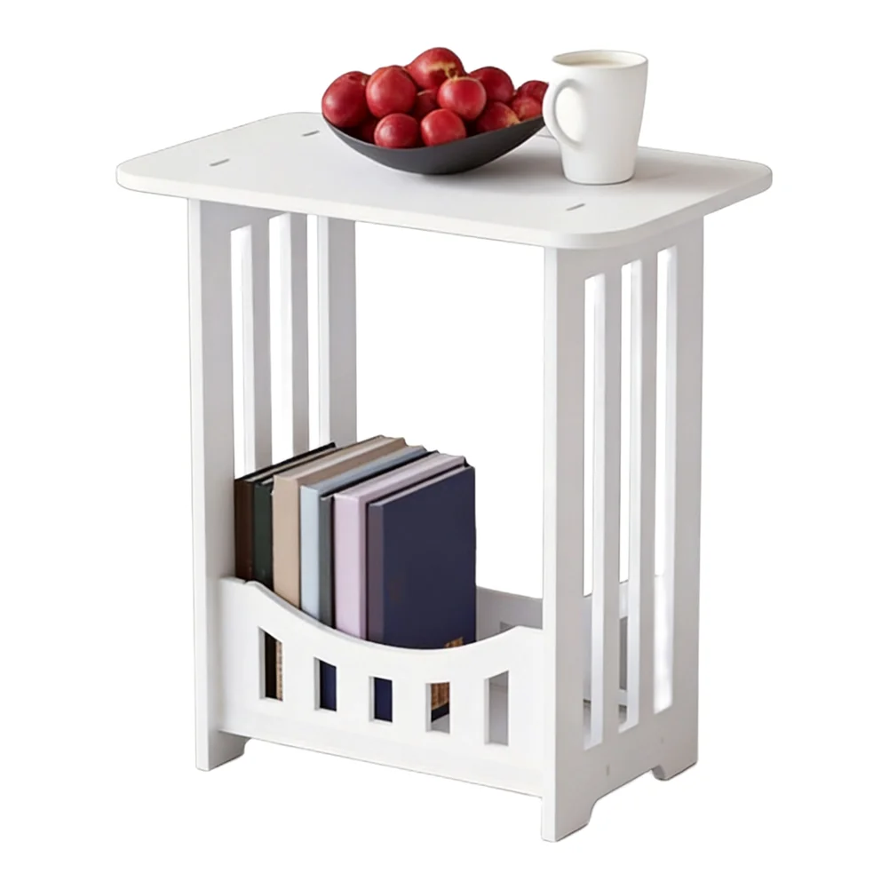 Rectangular Side Table Night Stand with Top and Bottom Storage Shelves for Books Decorative Items in Small Apartments