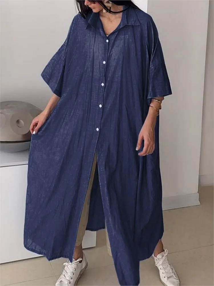 فستان نسائي كاجوال سادة موضة نصف كم بياقة مقلوبة قمصان فضفاضة فساتين للنساء عطلة مكتب الملابس النسائية الجديدة