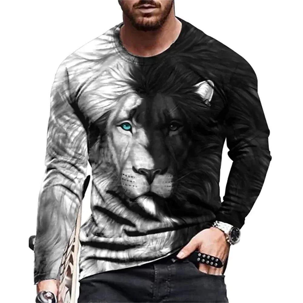 Vintage Animal Lion 3d Print Summer Men\'s Round Neck T-shirt Casual Long Sleeve Oversized T Shirt Fashion Pullover Men Clothing