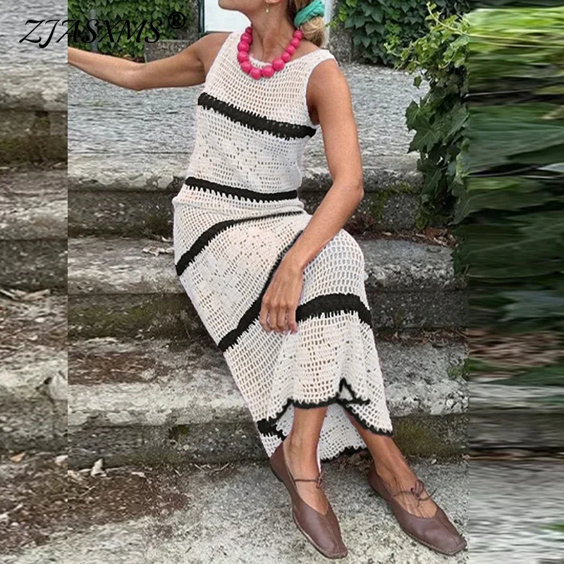 Casual Stripe O-neck Knit Elastic Bodycon Dress Sexy Beach Vacation Crochet Women Dresses New Slim Vestidos Patchwork Long Dress