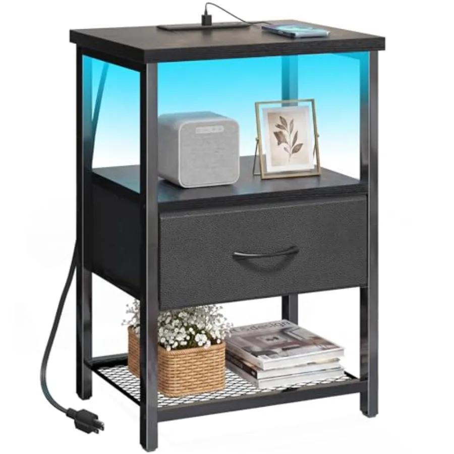 

Night Stand with Charging Station, LED Nightstand Side Table with Fabric Drawers PU Finish, End Tables Bedroom, Bedside Table