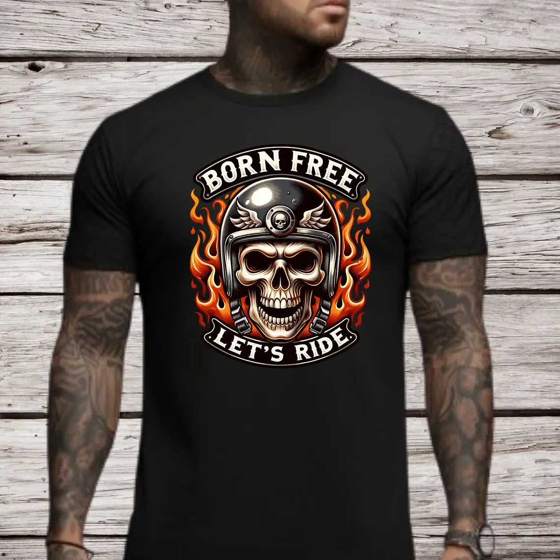 

Born Free Let's Ride. Flame Skull Motorcycle Rider Motorcyclist T-Shirt New 100% Cotton O-Neck Short Sleeve Casual Mens T-shirt