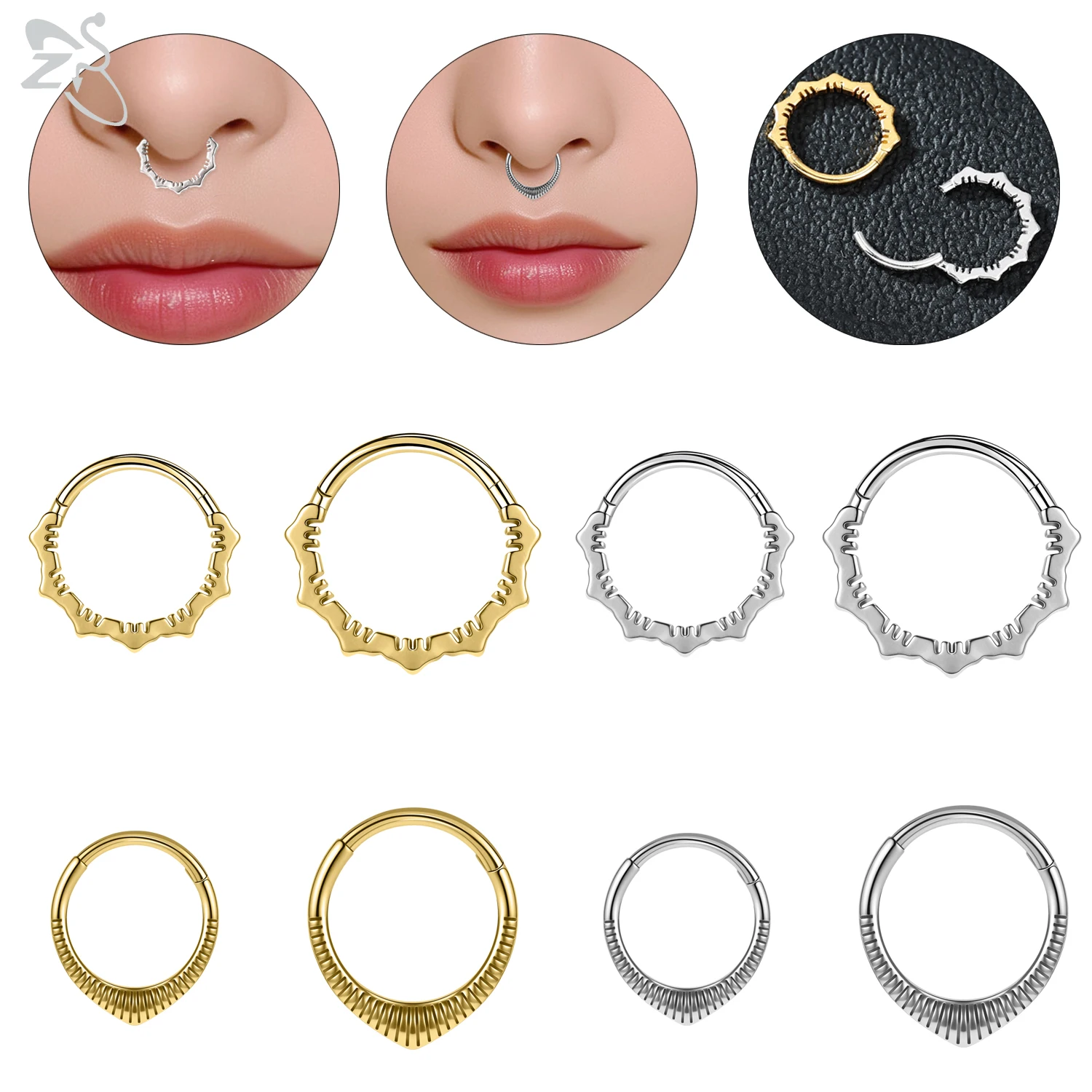 

ZS 1PC 16G Round Shape Nose Rings 316L Stainless Steel Septum Clicker Gold Color Septum Nose Piercing Body Jewelry 8mm/10mm