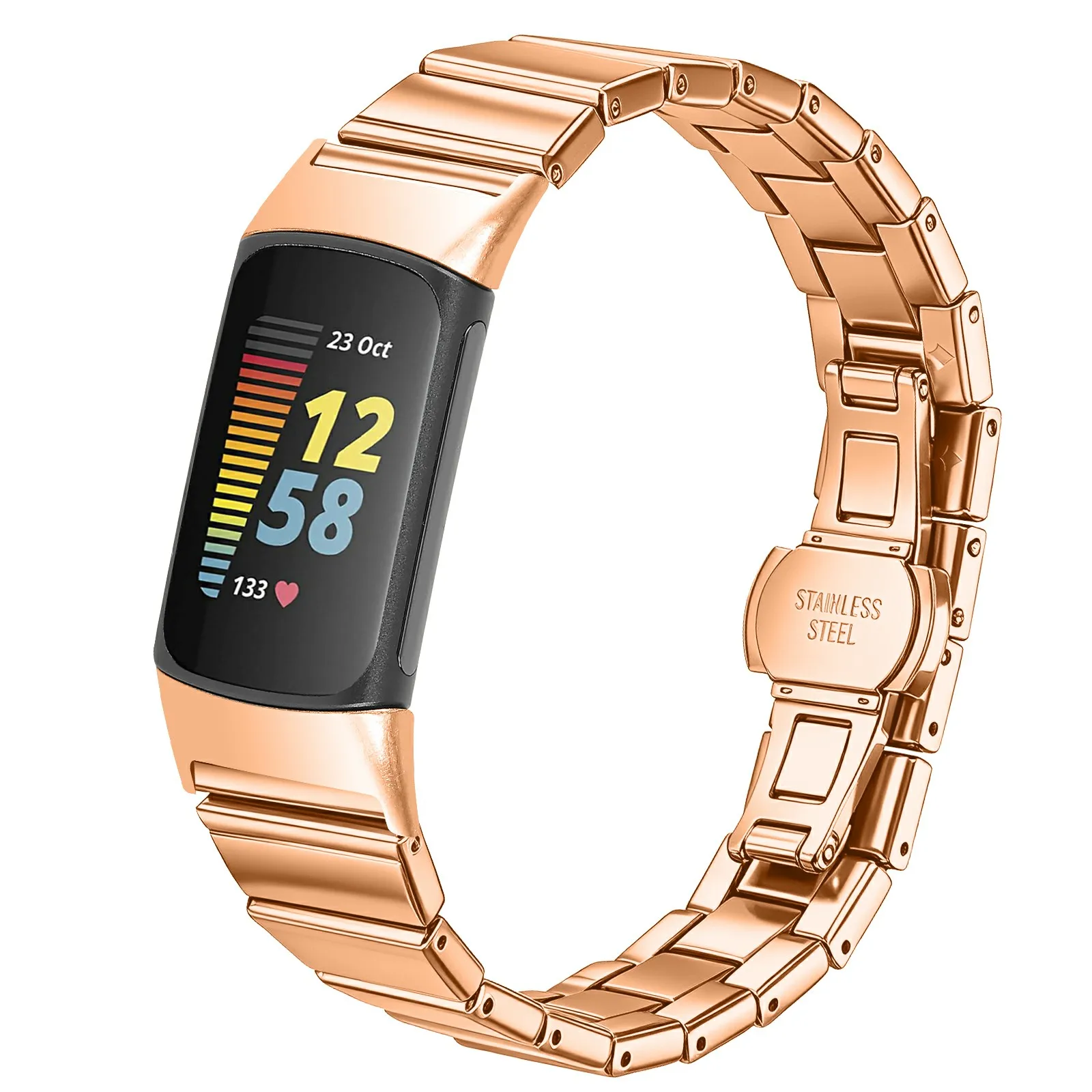 For Fitbit Charge 6 / Charge 5 Strap One-bead Stainless Steel Replacement Metal Watch Band with Butterfly Buckle - Rose Gold