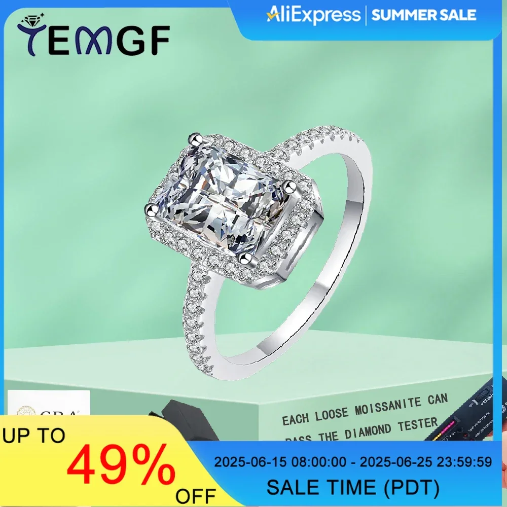 

TEMGF Moissanite Ring for Women Emerald Radiant Cut S925 Sterling Silver Wedding Bridal Band Sparkling Luxury Fine Jewelry Gifts