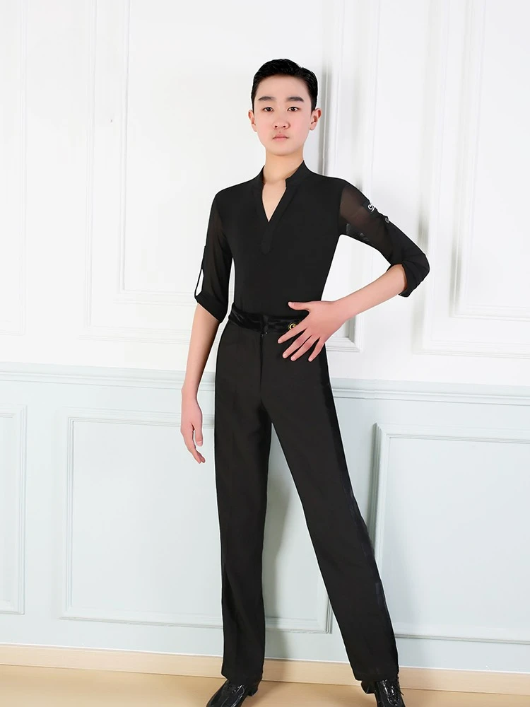 أزياء رقص لاتينية بأكمام طويلة ورقبة على شكل حرف V للأولاد ، ملابس تدريب على الرقص في قاعات الرقص للأطفال ، ملابس رقص Cha Cha Rumba ، جديدة ،