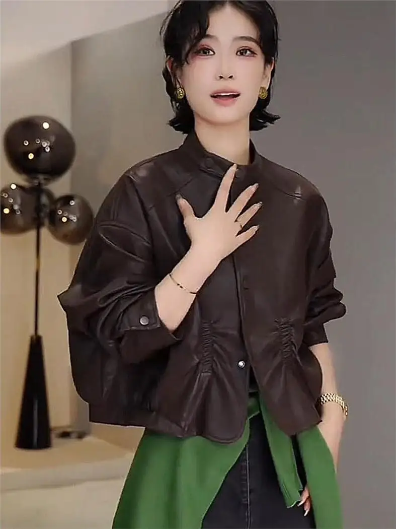 

Folded PU Leather Jacket Women's Short Batwing Sleeve Slimming Bifold Collar Casual Fashion Outerwear Autumn New Arrival