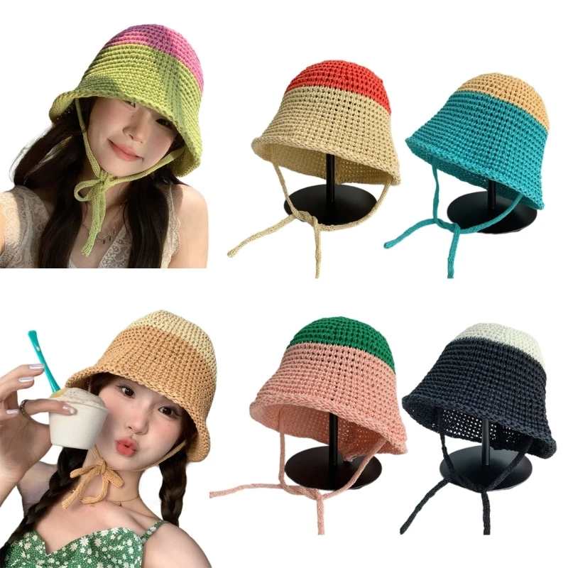 

Handmade Straw Weaving Bucket Hat Women Summer Beach Color Matching Sun Hat Teen Girls Casual Outdoor Fisherman Cap Photo Props