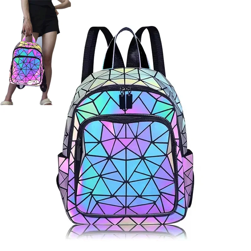 Fashion Women's luminous Backpack PVC holographic geometric School Bags For Teenage Girls Bagpack mochila feminina Travel Should