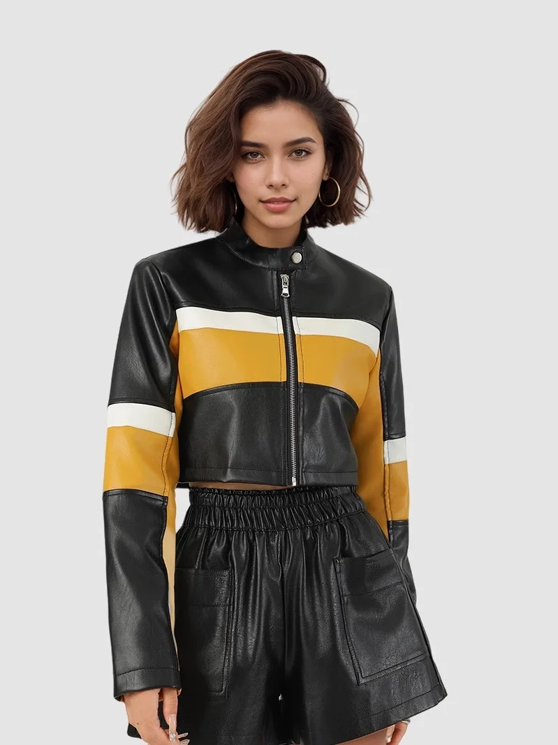 Sexy Color Blo ort Leather Jaet Women's Motorcycle Sle Stand Collar Slim Fit Faionable PU Leather Coat for Women