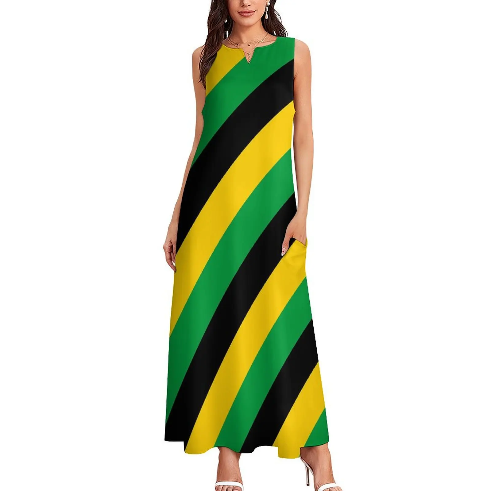 Jamaica Flag Colors Dress Diagonal Striped Maxi Dress Streetwear Casual Long Dresses Womens V Neck Graphic Oversize Vestido