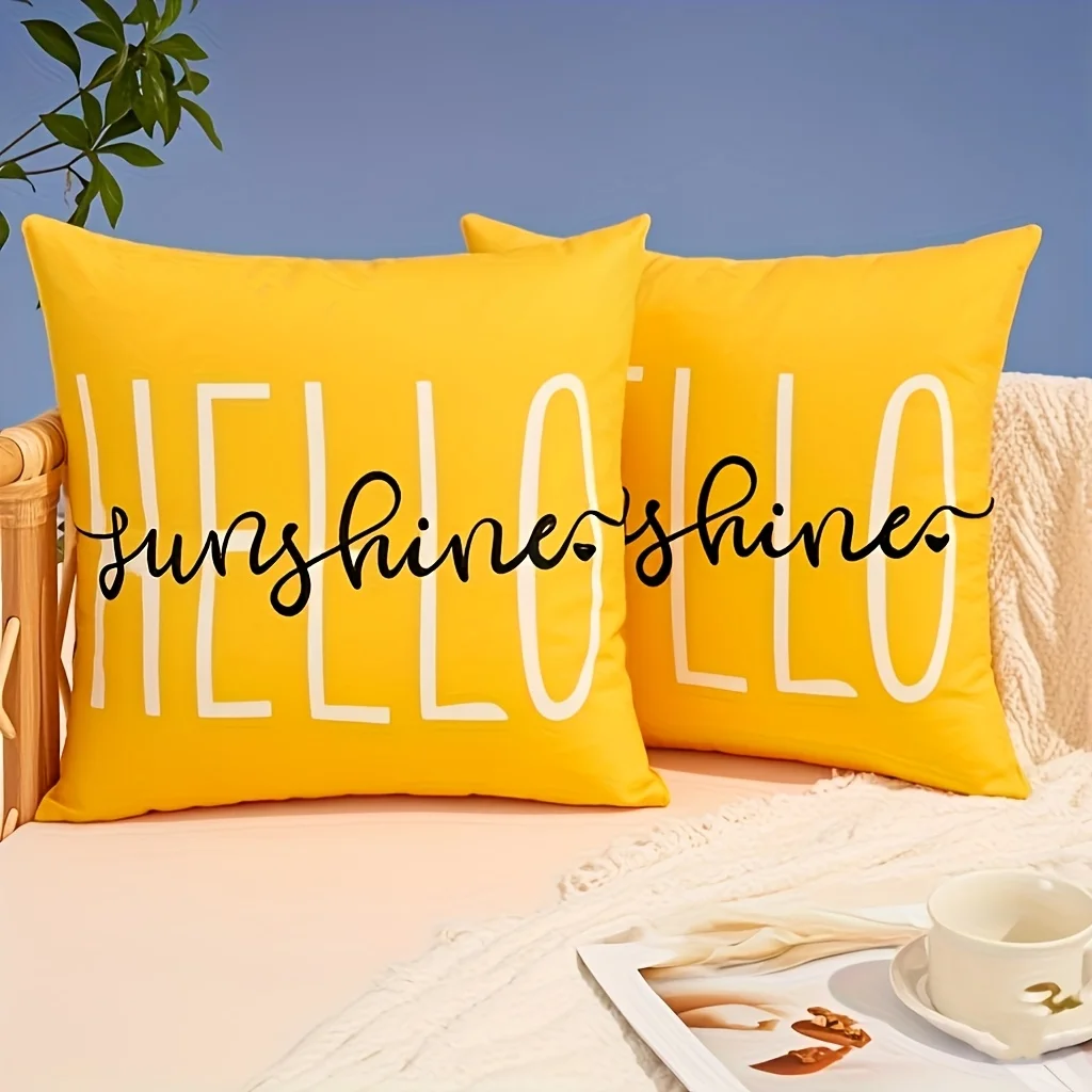 Hello Sunshine Decorative Pillow Covers Pair Yellow White Letters 18x18 Inch Zipper Machine Washable for Sofa Home Decoration