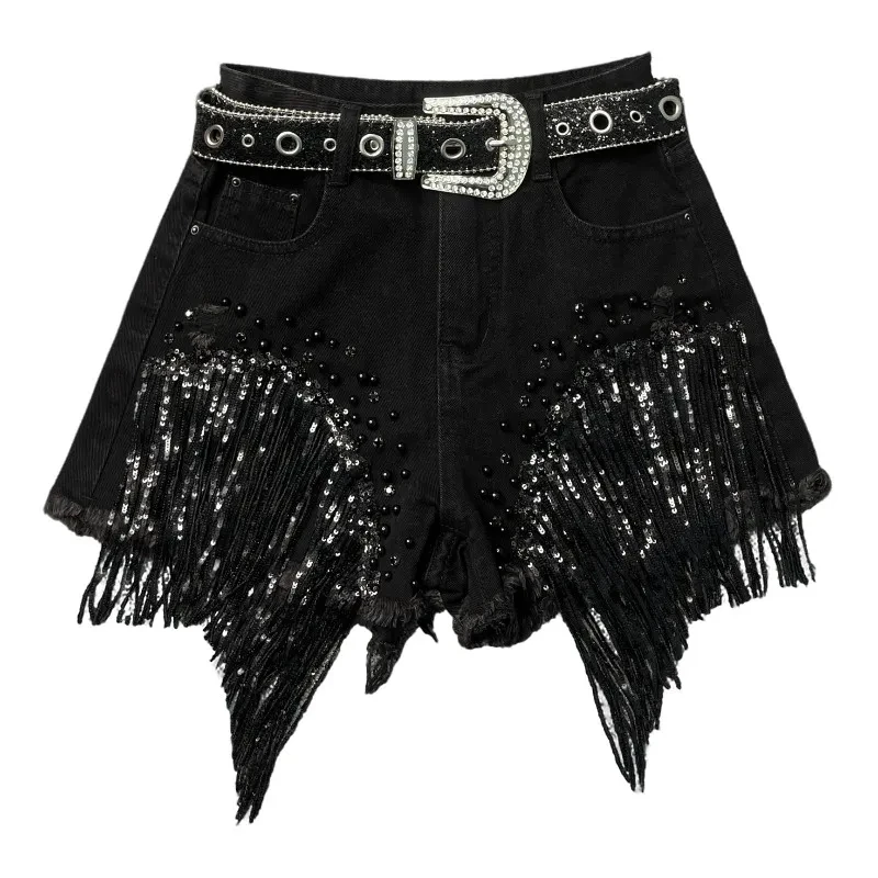 2026 Summer New Personalized Denim Shorts Women's High Waist Diamond Inlaid Heavy Industry sequins Tassel Denim Hot Pants Trendy