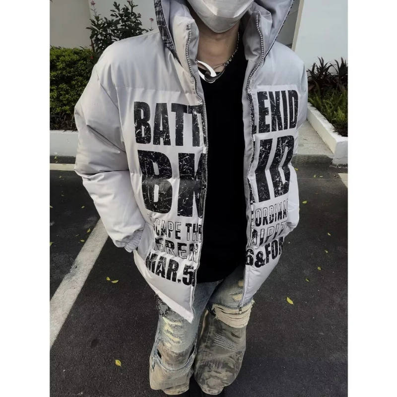 Mens Hooded Cotton Jacket Winter New College Retro Mottled Letters Thicken Loose Parkas Color Block Sports Casual Bread Coats