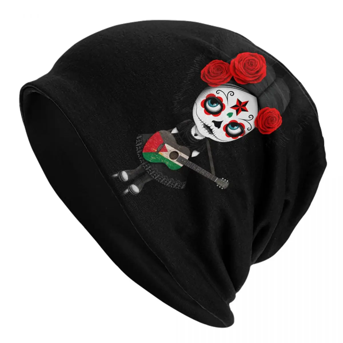 Sugar Skull Girl Playing Palestinian Flag Guitar Cap Halloween Horrible Men Women Ski Skullies Beanies Hats Spring Warm Bonnet