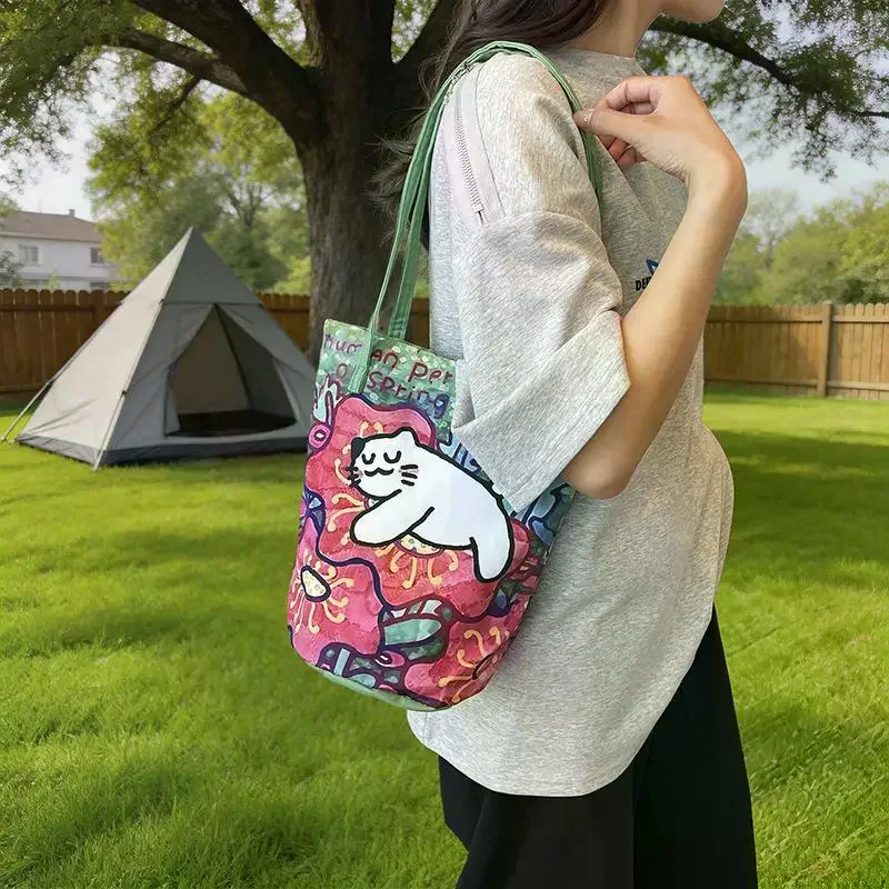 Multi Pocket Canvas Tote Bag Cute Cat Floral Print Large Capacity Durable Bag for School Work Daily Shopping