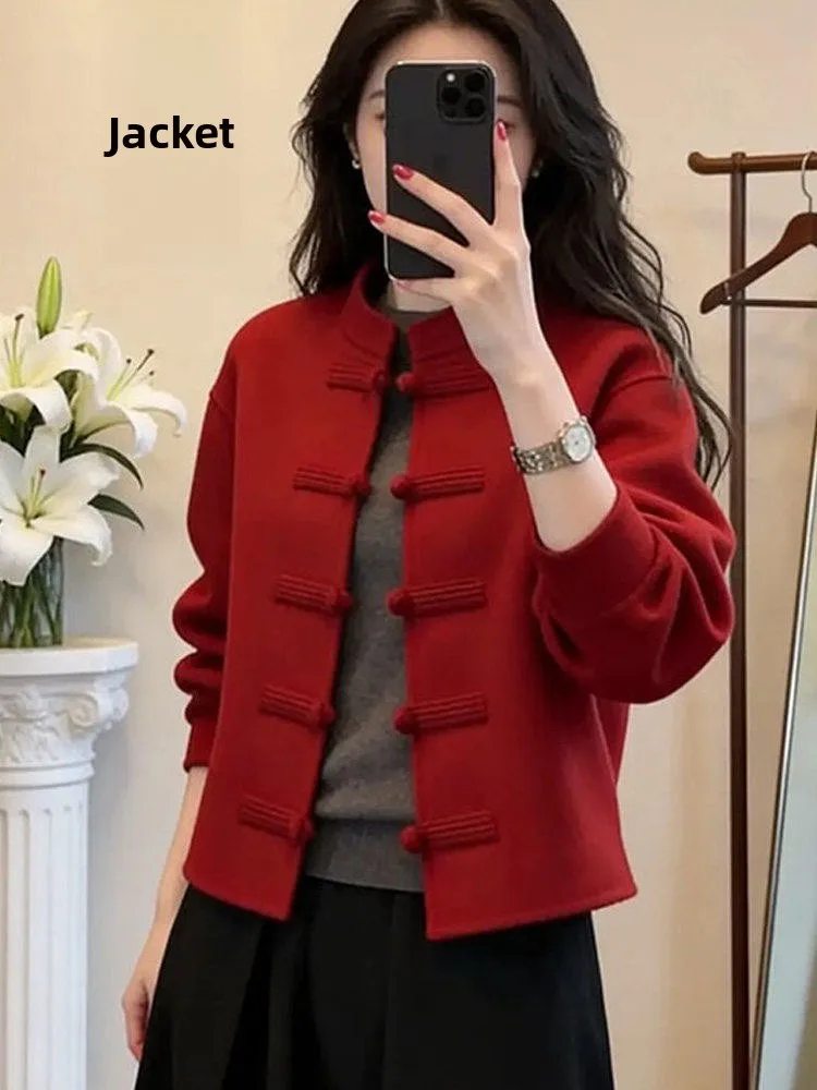 

Новый китайский свитер с красными пуговицами для женщин, весна 2026, модный вязаный топ, высококачественный, свободный крой, повседневный стиль, длинный рукав