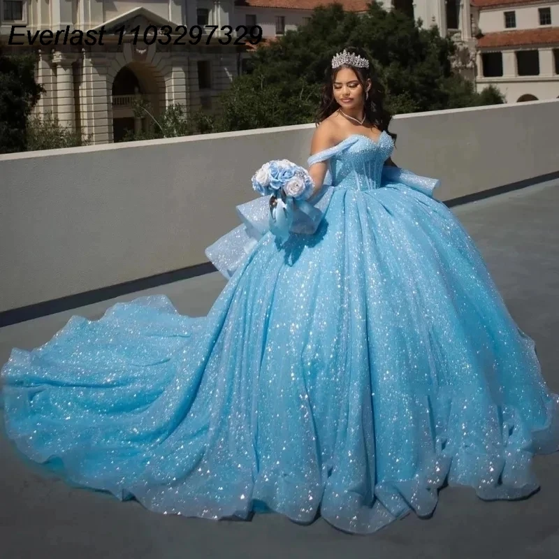 

EVLAST Shiny Blue Quinceanera Dress Ball Gown 3D Lace Applique Beading With Bow Corset Party Sweet 16 Vestidos De 15 Anos TQD751